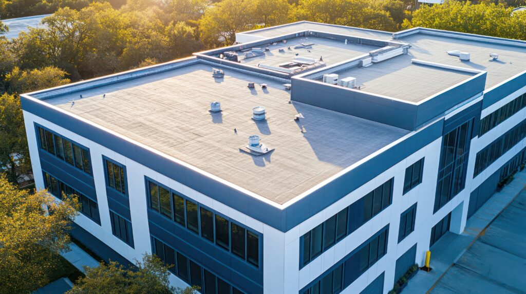 Roofing for commercial buildings, with a large office complex getting new roofing installed by a team of contractors